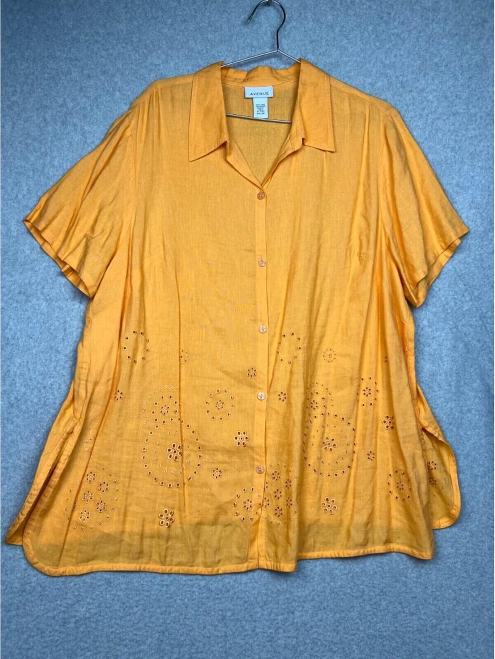 Avenue Womens Plus Size 22/24 Linen Blend Shirt Embroidered Beach Button Up
